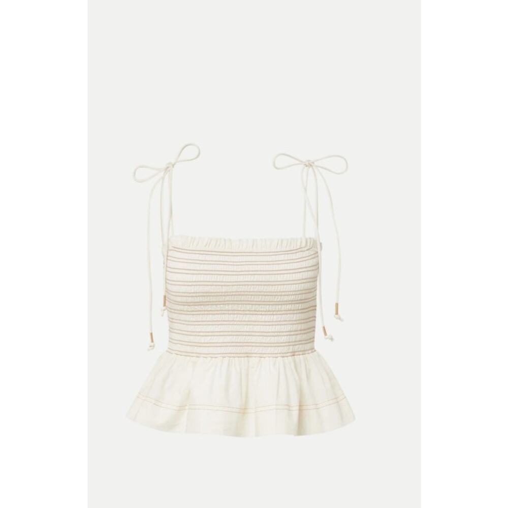 Veronica Beard Cream Smocked Peplum Tie-Shoulder Top